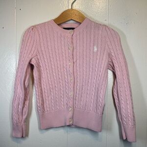 Polo Ralph Lauren Mini-Cable Cotton Cardigan Rib Knit Girls Puffed Sleeves Pink